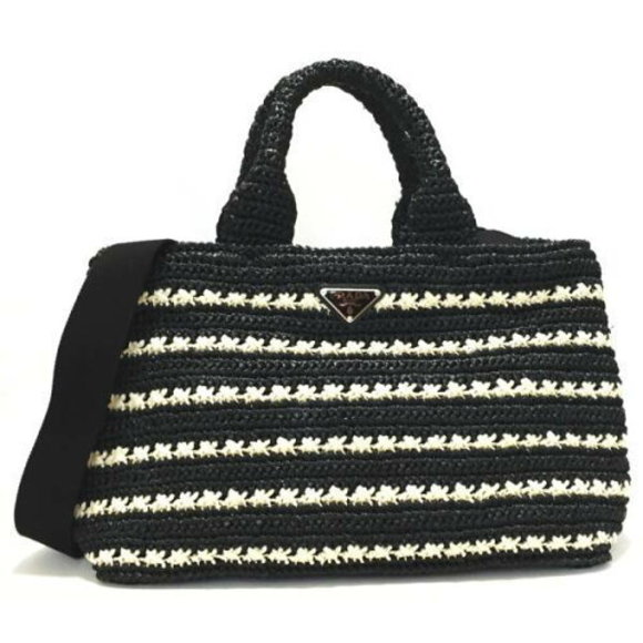 Prada Handbags - Prada Canapa tote bag raffia basket black bicolor shoulder x white